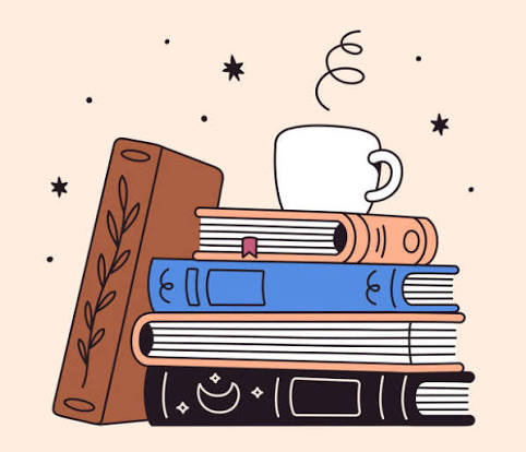 Bookish book club illustration with stacked books and a steaming mug