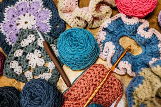 Crochet yarn hooks and granny square projects for Neelam crochet workshop