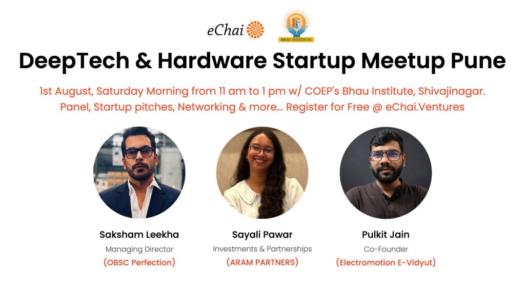 DeepTech and Hardware Startup Meetup Pune poster with eChai and Bhau Institute